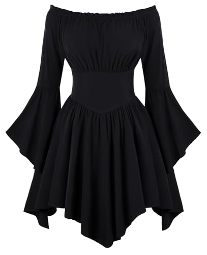 SCARLET DARKNESS Damen Renaissance Corsagenkleid Schulterfrei Langarm Mittelalter Pirat Minikleid Schwarz M
