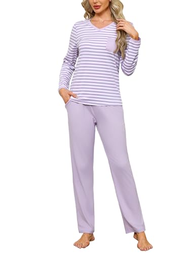 Terecey Ensemble Pyjama Femme Long en Coton Vêtements de Nuit Haut Rayé avec Poche et Pantalon Tenue de D'Intérieur Femme pour Dormir et Détente à la...