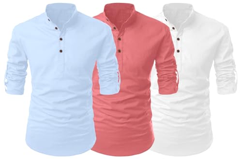 Image of FINIVO FASHION Combo of Men's Cotton Blend Solid Regular Fit Full Sleeve Straight Short Kurta Shirt, Casual and Formal Wear