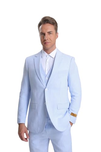 Mens Vested Summer Seersucker Suit in Blue Pinstripe - Blue