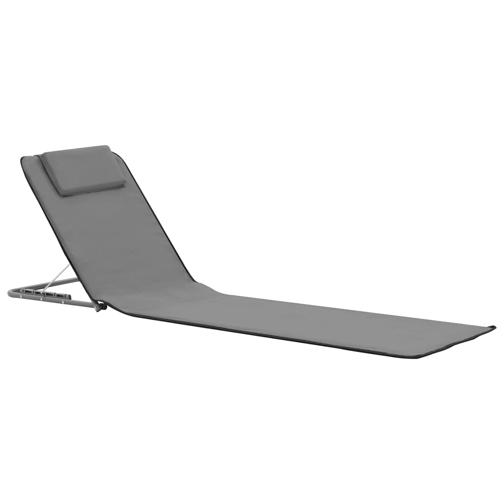 Tapis de Plage Pliable, Lot de 2, Structure Acier et Tissu Polyester, Dossier Réglable avec Appui-Tête, Compartiment de Rangement, pour Plage, Camping, Jardin, Couleur Gris, 160 x 53 x 47 cm