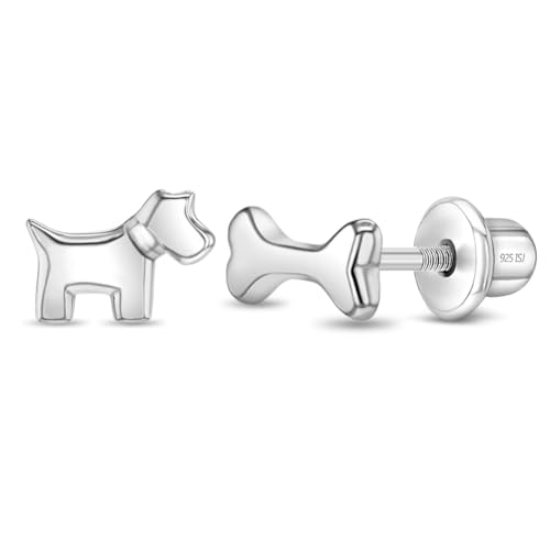 925 Sterling Silver Dainty Polished Dog & Bone Screw Back Earrings for Toddlers & Little Girls - Adorable Dog Shaped for Everyday Wear - Special Man Best Friends