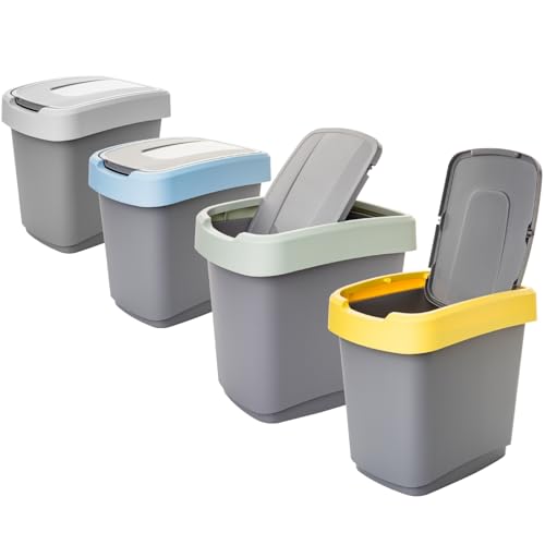 SUSTANIA 4er Set Abfalleimer mit Schwingdeckel - 15L Mülleimer für Küche und Büro - 32x33x25cm - Mehrfarbige Deckel - Made in EU