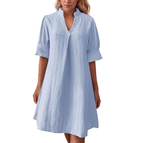 Women's V Neck Half Sleeve Solid Color Pleated Dress Shirt Dress A Line