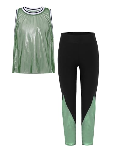 TiaoBug Kids Girls Gymnastics Dance Athletic Outfit Sleeveless Metallic Mesh Tank Top and Leggings Set