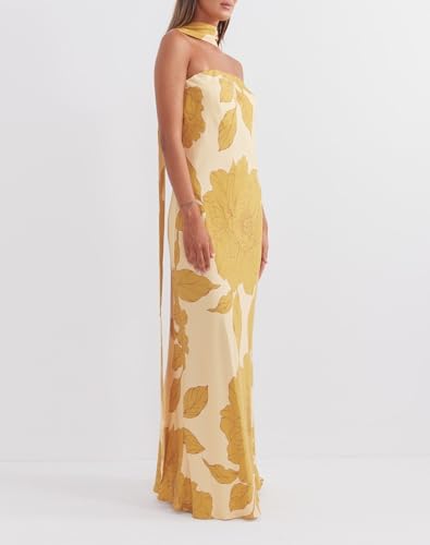 Image of Women Floral Strapless Maxi Dress Y2K Bodycon Tube Long Dresses Sexy Party Formal Cocktail Beach Slit Dress
