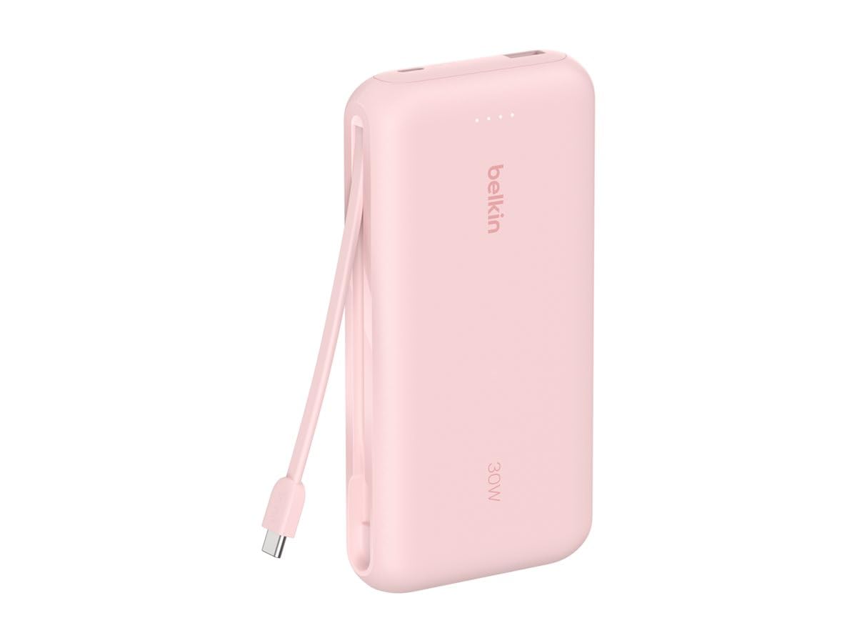 Belkin BoostCharge Batería Externa 20000 mAh con Cable USB-C - Rosa | Power Bank de 20000 mAh, 1 puerto y 1 cable USB-C y 1 puerto USB-A, 30 W, LED, Apta como Equipaje de Mano y Precargada