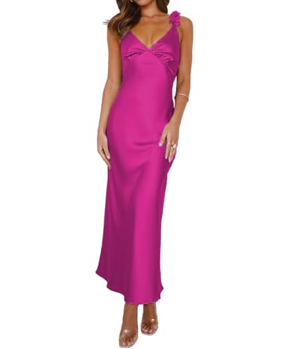 Image of Phicia Summer Satin Spaghetti Strap V Neck Midi Dresses for Women Wedding Guest Elegant Flower Backless Cocktail Formal Dress