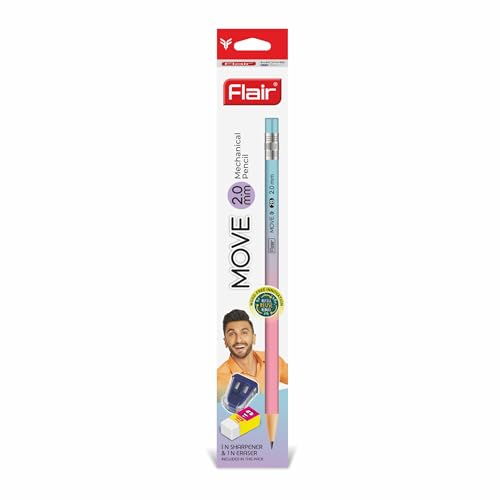Image of Flair Move 2.0mm Mechanical Pencil Pack of 20 | Extra Dark 2B Lead | Refillable Eco-Friendly Pencils with 2 Sharpeners & 2 Erasers | Smooth Writing & Drawing for School,Office & Artists, Black