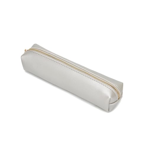 Image of Faux Leather Color Pencil Case Multifuncional and Simple with Zipper for School (Pearl Silver)