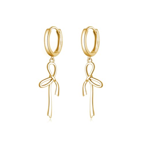 Reffeer Solid 925 Sterling Silver Bow Hoop Earrings Drops for Women Teens Bowknot Hoop Earrings Ribbon Huggie