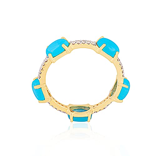 14k Yellow Gold Blue Turquoise Gemstone Eternity Band Ring For Women - 2.47 Carat Genuine Turquoise Gemstone Brilliant Cut Diamonds 0.14 Carats Designer Fine Rings For Women U2