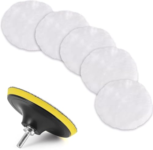 Image of 7 Pcs 3 Inch Wool Buffing Pads, Soft Faux Wool, Replacement Car Polishing Pad for Scratches with M10 Drill Adapter, Oxidation, (5 x Polishing Pads, 1 x Backing Pad, 1 x M10)