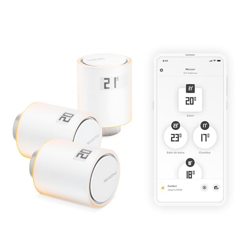 Netatmo Pack de 3 Têtes Thermostatiques Intelligentes – Accessoire pour Thermostat Connecté, Contrôle du Chauffage à Distance, Économie d’Énergie, Compatible Alexa & HomeKit, NBU-NAV-EU