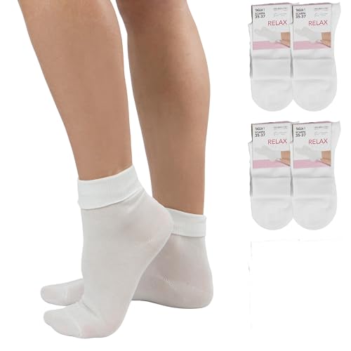 LEON D'ORO Calzini Bianchi Donna 100% COTONE Calze con Risvolto Leggeri Donna Sanitarie MADE IN ITALY (IT, Numero, 35, 37, Regular, Regular, 4 Paia Bianco)