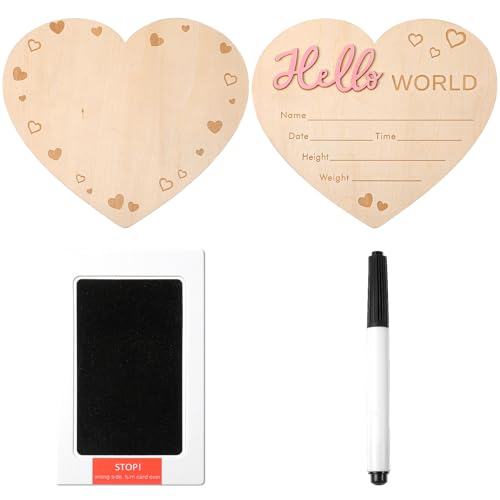 Baby Announcement Sign, Heart-Shaped Hello World Newborn Sign, Welcome Baby Sign with Ink Pad and Marker Pen for Hand and Footprints for Photo Prop Hospital and Home Decoration