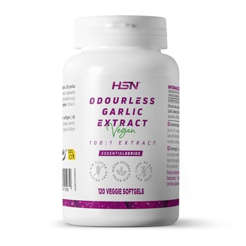 HSN Extracto Ajo Blanco 10mg Sin Olor ni Sabor | 120 Perlas Vegetales | 2000mg equivalencia Diente de Ajo (Allium sativum) por Dosis Diaria | 100x Veces Más Concentrado | No-GMO, Vegano, Sin Gluten