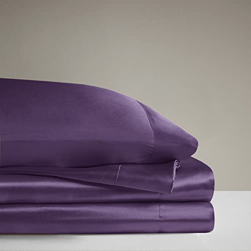 Image of Madison Park Essentials Satin Sheets King Size Bed Set, 6 Piece, Purple | Luxury and Smooth Silky Bedding with Natural Sheen, All Around Elastic 14 inch Pocket fits up to 16 inch Mattress, Year-Round Cozy