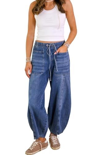yoeasy Women's Wide Leg Baggy Jeans Elastic Drawstring Low Rise Barrel Jean Loose Boyfriend Denim Pants