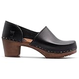 Sandgrens Handmade Swedish High Heel Wood Closed-Back Clogs for Women, US 9-9.5 | Brett Black Veg Tan DK, EU 40