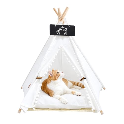 Dog & Cat Tent Cat Houses for Indoor Cats Pet Cute Cave Washable Cat or Dog Houses Washable Canvas Foldable Pet Teepee Small Animal Hideaway (White Flower Buds-M)