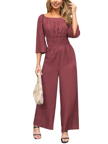 CUPSHE Damen Jumpsuit Quadratischer Ausschnitt 3/4 Ärmel Overall Weites Bein Strampler Gesmokte Taille Playsuit Sommer H...