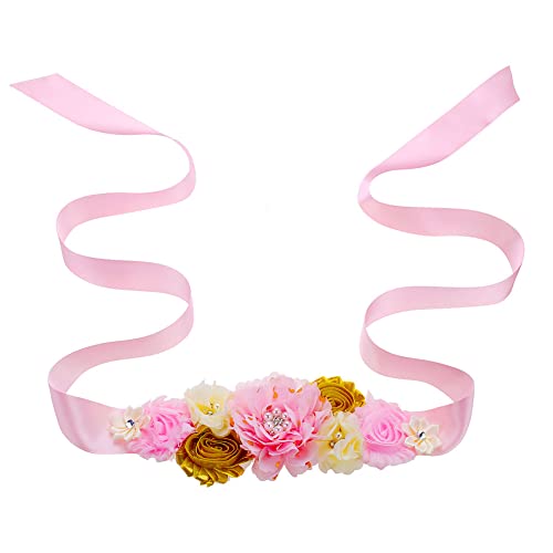 Maternity Sash Belt with Flowers Pearls Rhinestone for Wedding Bride/Baby Shower Dress