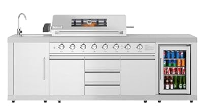 KoolMore KM-OKS-BQHUB Reserve Outdoor Kitchen Island with 6 Grill and a Side Burner, Sink, Storage Cabinet and Beverage Refrigerator, CSA Listed in Stainless-Steel, Stainless Steel