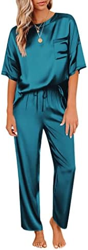 Ekouaer Satin Pajama set for Women Silk Pajamas Set Satin Pj Set Short Sleeve Top and Long Pant Pajama Set Two Piece Sleep Set Silky Sleepwear Nightwear Green L