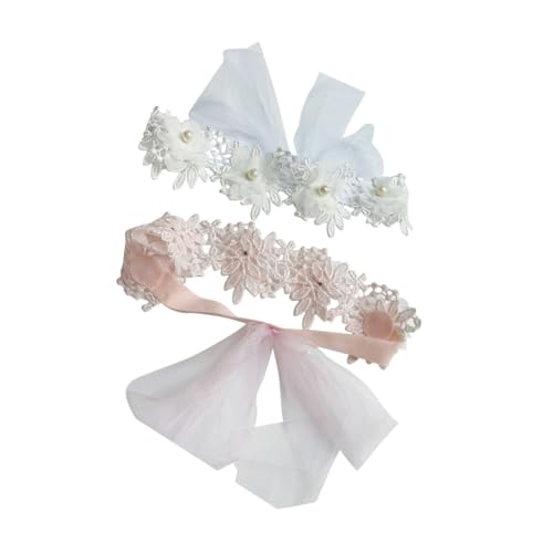 Toyvian Diadema de Encaje Perlas y Flores para Niño, Tocado Ajustable para Bautizo y Fiesta, 2 Piezas Color Blanco y Rosa, Accesorio Suave y Ecológico para Recién Nacido