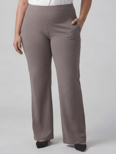 Image of AMYDUS Plus Size Women Tummy Shaper Bell Bottom Pants | High-Waist | Stretchable | Wide Waistband | 2 Pockets | Cloud Soft Fabric | Tummy Tucker Jeggings for Women - L to 9 XL Taupe Brown