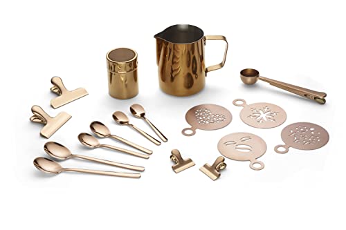 ECHTWERK Kaffeezubehör-Set 23-tlg, kupfer, Milchschaumkännchen, Kakaostreuer, Barista, Kaffee, Schablonen, je 4x Espresso-, Cappuccino-, Latte Macchiato-Löffel, Kaffeeclips, 1x Kaffeemesslöffel