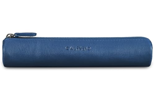 Image of Calfnero Genuine Leather Pen-Case for Men & Women | Premium Leather Pencil-Pouch with Zipper (Navy) | Cylindrical Pen-Holder Organizer for Pen, Pencils & Stationery | Unisex Pen-Sleeve
