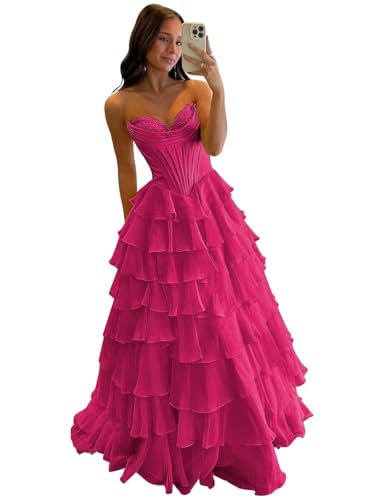 Mollyevers Strapless Corset Prom Dresses for Women Long Tiered Ruffle Chiffon Formal Evening Gowns with Slit