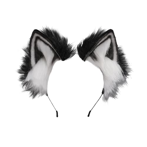 Focupaja Animal Cosplay Ears Hairband Cat Ears Headband Handmade Faux Plush Cat Fox Ears Headwear Wolf Dog Ears Cosplay Adorable Ears Accessories Halloween Cosplay Fancy Dress Party(Black)