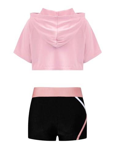 2 Piece Ballet Dance Clothes Girls' Gymnastic Sports Outfit Short Sleeve Hooded Crop Top with Shorts Sets2