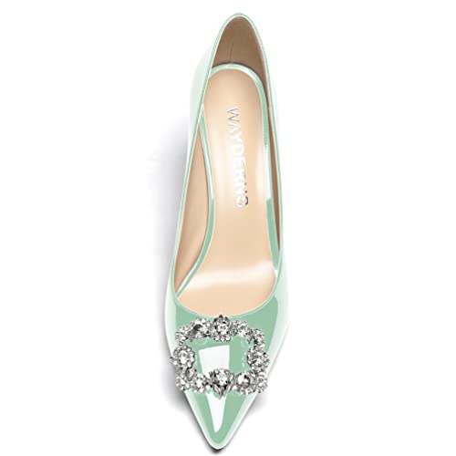 WAYDERNS Women's Patent Slip On Crystal Buckle Pointed Toe Crystal Rhinestone Stiletto High Heel Pumps Shoes 3.5 Inch3