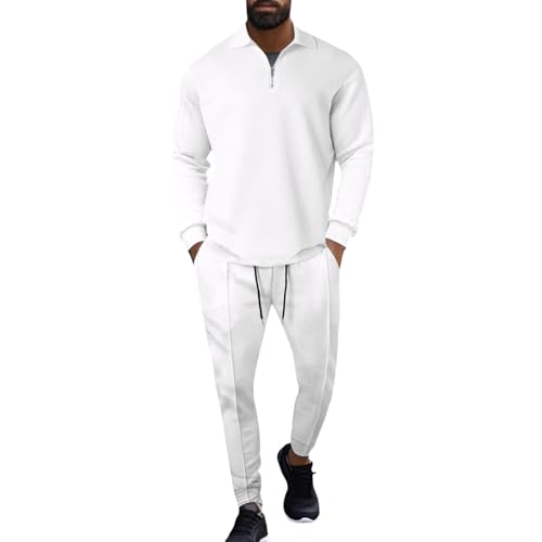 Generisch Chándal de manga larga para hombre, sudadera con cuello de solapa, textura jacquard, patrón de espiga y pantalón largo, traje de ocio con media cremallera para hombre, 2 piezas, traje