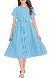 HOSIKA Girls Elegant Ruffle Sleeve High Waist A-Line Swing Birthday Party Dress Light Blue 12-13 Years