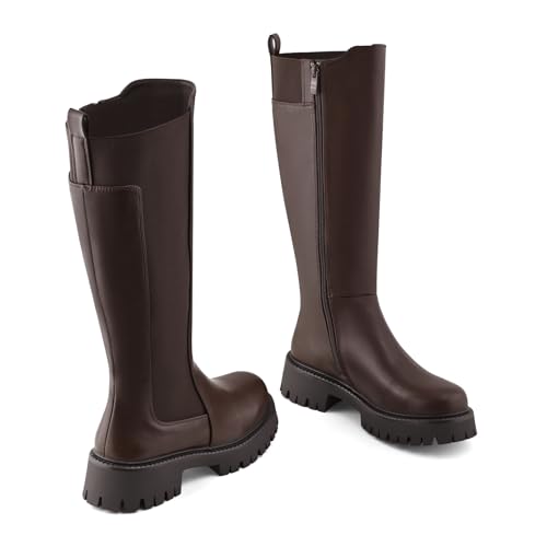 Women’s Knee High Boots Platform Stretch Lug Sole Riding Boots Round Toe Elastic Comfortable Fashion Dress Boots with Side Zipper3