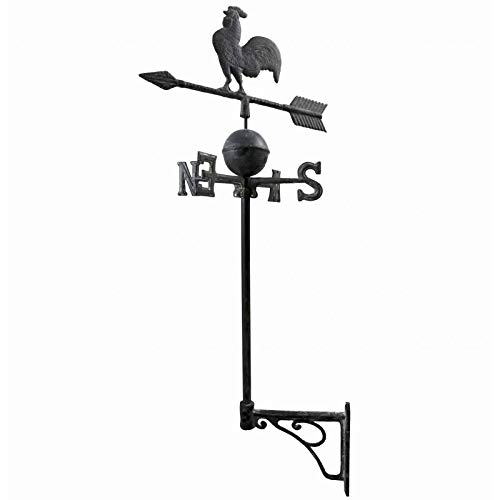 Girouette Murale avec 4 Points Cardinaux Motif Coq sur Une Flèche en Fonte Patinée Grise 41x41x97cm