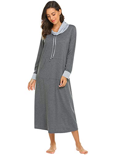 Ekouaer Long Nightgown Women Long Sleeve Loungewear Oversized Nightshirt Full Length Hooded Maxi Zipper Nightdress Grey