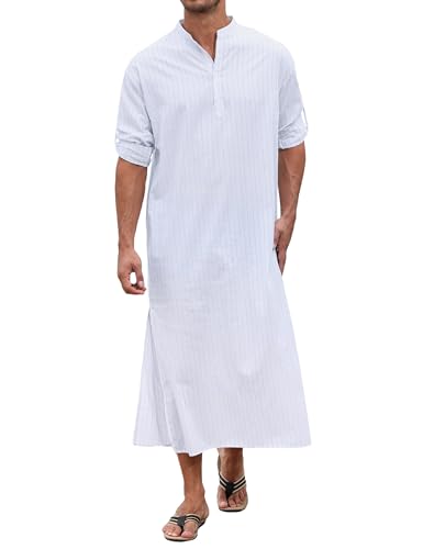 TURETRENDY Men's Long Sleeve Kaftan Thobe Button Down Henley Robe Casual Side Split Gown Shirt with Pocket