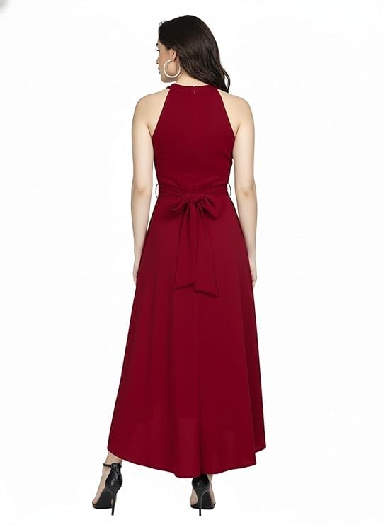 Image of Women Fit & Flare High Low Midi Dress | Sleeveless Round Neck One Piece Dress with Waist Tie Detail | Flowy Western Dress for Party and Casual Styling