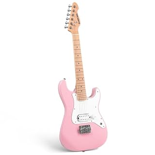 SONICAKE 30″ Kids Electric Guitar for Beginner, Junior Size Solid Wood Body with Humbucker Pickup, One Piece Premium Wood Neck & Fingerboard, Rounded Fret Ends, QGT-50 (Shell Pink) - Les Beatles, Paul McCartney, John Lennon, RIngo Starr, George Harrison