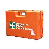 ACTIOMEDIC Erste-Hilfe-Kasten SPECIAL LABOR & CHEMIE, DIN 13157:2021, Notfallkoffer für Labore mit Wandhalterung, mehrsprachige Beschriftung, orange, 42 x 33 x 15 cm