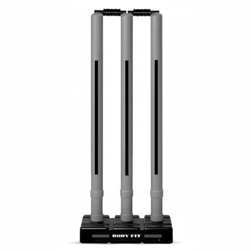 Image of Bodyfit Heavy Cricket Stumps | Plastic Wickets Set with 3 Stumps + 2 Bails + 1 Stand | Full Size Wickets for Cricket Ground, Tournament Wicket. (Grey-Black)