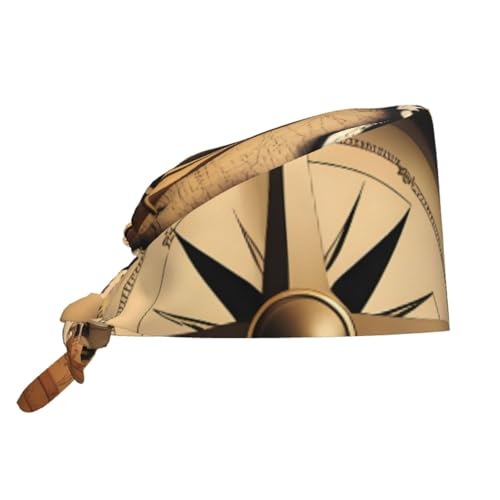 YYHHAOFA Breathable Work Hat Compass and Old World Map Printed for Chef, Nursing, Spa, Facial Care, Fitness Black