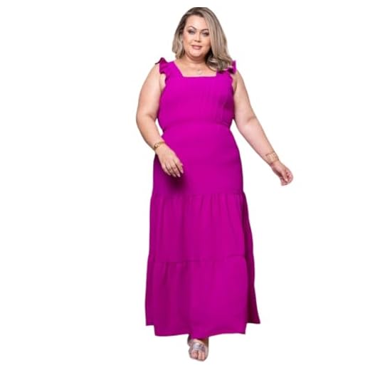 Vestido Fucsia Longo Plus Size Luxo com Alça e Babado, Elegância e Conforto