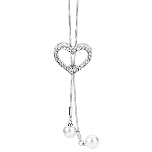 Sither Crystal Heart Necklace For Women Long Pearls Tassel Sweater Chain Necklace Wedding Dressy Necklace Jewelry For Winter Evening Party Christmas Gift (Silver) #TOP4